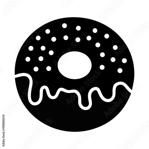 Black Silhouette Icon of a Donut with Icing and Sprinkles, Sweet Bakery Treat