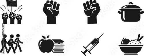 Social justice and health icons showing activism, protest, community, education, healthcare, nutrition, solidarity, resistance, public welfare concepts