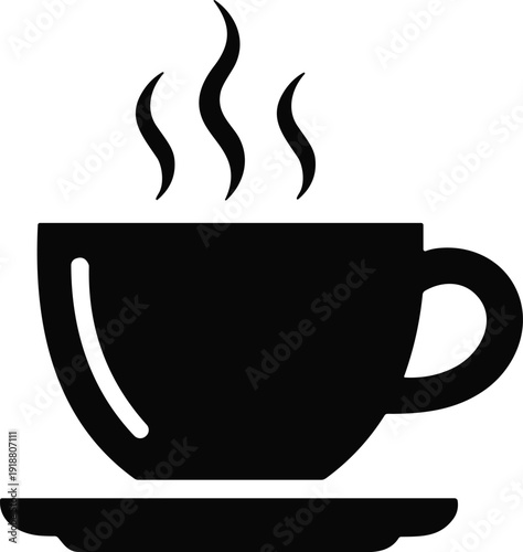 Steaming hot coffee cup on saucer, black silhouette vector illustration, beverage icon design for café, restaurant, drink menu, morning refreshment themes