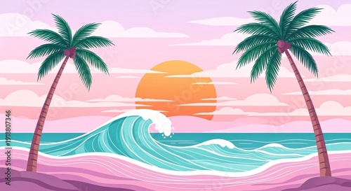 A serene beach scene with two palm trees standing tall on the shore as the sun sets over the ocean.