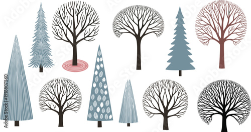 Stylized tree illustrations collection with unique artistic designs, bare branches, coniferous forms, colorful abstract patterns, decorative vector elements