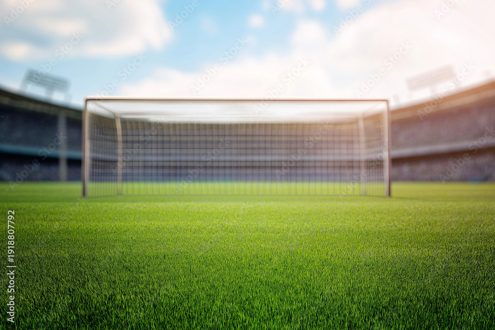 Fototapeta premium Soccer field with a goal in a stadium. Suitable for sports website banners, soccer event promotions, and team social media posts.