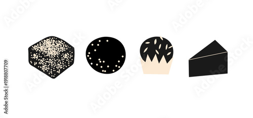 Chocolate dessert. Minimalist set of vector icons. Candy with sprinkles, truffle, cupcake in paper mold, slice of cake. Design for cafe menu, pastry shop, blog, card. Hand drawn food illustration