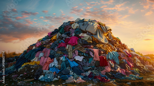 Enormous pile of discarded clothing under serene sunset for environmental awareness
