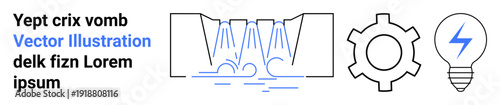 Hydropower station releasing water, gear symbolizing machinery, and a lightbulb with a lightning bolt. Ideal for energy, hydropower, electricity, engineering, sustainable systems, infrastructure