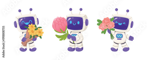 Cute robot characters with flowers. Friendly androids holding blooming flowers. Artificial intelligence assistant