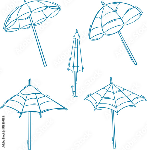 Beach umbrella doodle, Tropical summer sunshade sketches, set of nautical parasol doodles for vacation design.
