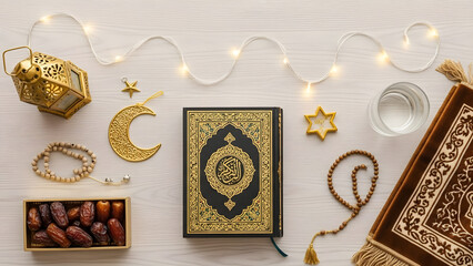 Ramadan Kareem flat lay composition, holy Quran, prayer mat, dates, rosary beads, glass of water, lantern, crescent moon, star and fairy lights