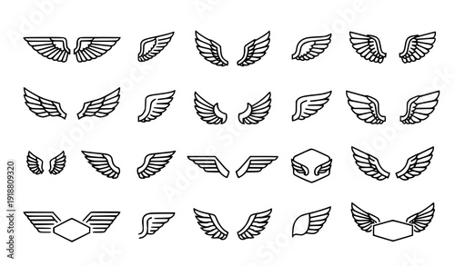 Black wings icon set angel bird and badge wings minimalist outline vector illustration