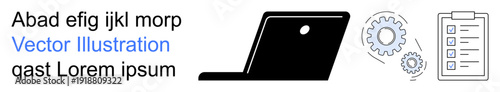 Workflow management, productivity tools, technology integration, system optimization, digital planning, and process automation. Image of laptop, settings gear and checklist. Workflow