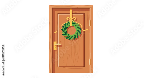 A wooden door with a green wreath and gold decorations on a white background, showcasing festive door decoration.