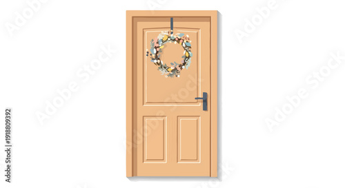 A light brown wooden door with a colorful floral wreath hanging on it, featuring a silver handle, against a plain white background with a focus on door decoration.