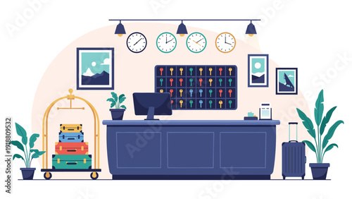 Modern hotel reception lobby featuring a reception desk, wall clocks, key rack, guest luggage, and indoor plants.