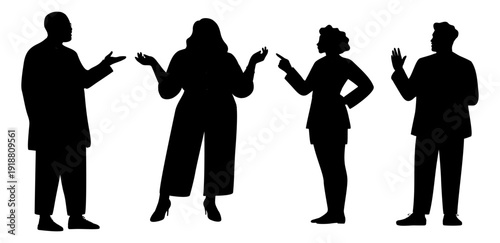 Set of four black silhouettes of professionals in expressive poses, isolated on transparent background, conveying conversation, explanation, and interaction in a bold minimalist style.