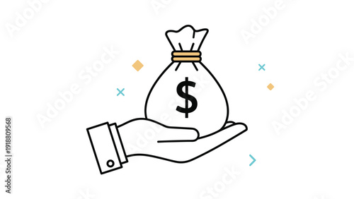Simple line art illustration of a hand holding a white money bag with a black dollar sign on a plain background.