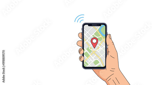 Hand holding a modern smartphone displaying a GPS navigation app with a location pin on a city street map layout.