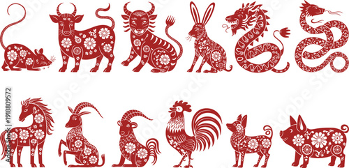 Chinese Zodiac Animals Red Paper Cut Silhouette Collection