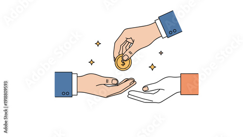 Hands of three different people exchanging a gold dollar coin representing community support and sharing wealth.