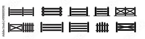 Silhouette of various fence gates and railings in a row on white background