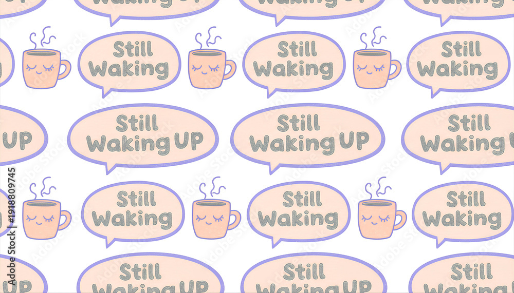 Obraz premium Kawaii Coffee Mug Still Waking Up Seamless Pattern Background