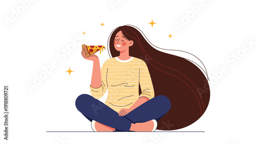 Young happy woman with long hair sitting on the floor and eating a slice of delicious pizza on a white background.