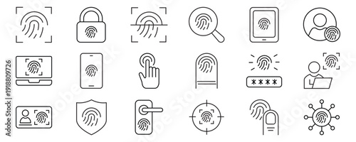 fingerprint line editable icon set. Containing Fingerprint, biometric, access, thumbprint, Identity detection, identification, and more. Editable stroke. Vector illustration