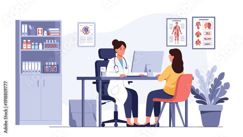 Professional female doctor in white coat consulting a young patient in a modern medical clinic with posters and equipment.