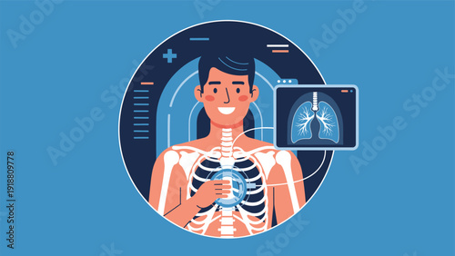 Detailed medical illustration of human chest x-ray showing ribs and lungs used for respiratory health diagnosis.