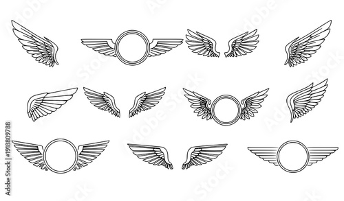 Stylized wing badge collection modern black line minimalist vector illustration
