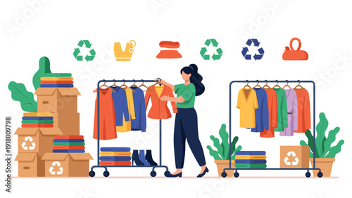 Woman sorting through various garments on clothing racks and in boxes for sustainable fashion and recycling purpose.