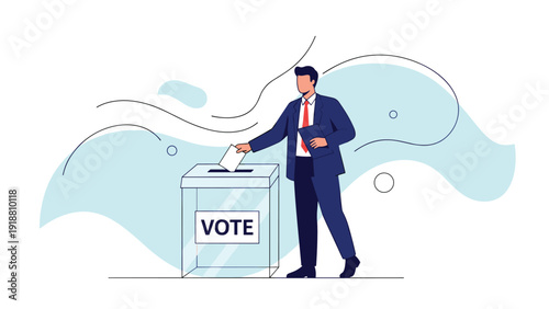 Professional man in a blue suit putting his ballot paper into a transparent vote box for democracy and elections.