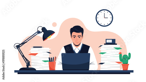 Serious businessman working on a laptop at his desk surrounded by two high stacks of paper documents and a clock.