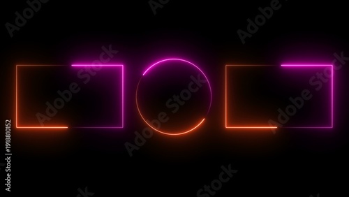 A vibrant neon logo glows brightly against a dark background with geometric shapes