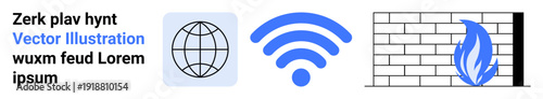 Digital security, wireless connection, global networking, internet services, firewall, online protection. Globe icon, wireless symbol firewall with flame. Digital security and wireless connection