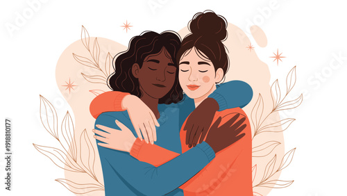 Two young women of different ethnicities sharing a warm hug surrounded by delicate leaf outlines and sparkling stars.