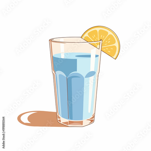 Vibrant illustration of a tall glass of cool, refreshing water adorned with a bright lemon slice, perfect for hydration