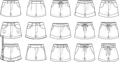 Collection of Women Summer Shorts Fashion Technical Sketch Templates Featuring Denim High Waisted Cargo and Casual Ruffle Hem Vector Illustration