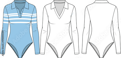 Art & IllusLong Sleeve Polo Bodysuit Fashion Technical Sketch Set Featuring Striped and Solid Designs with V Neck Collar for Vector Appareltration