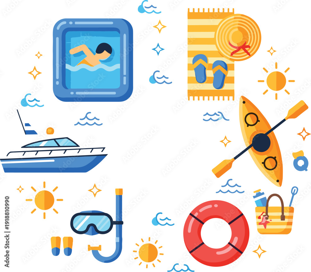 Obraz premium Water sport and summer beach activities icons with swimming pool kayak yacht snorkel lifebuoy and towel vector illustration set.
