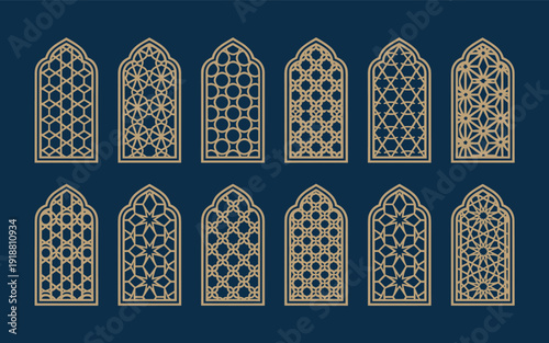 Collection of Islamic Geometric Window Patterns in Arched Frames