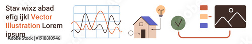 Data analytics, technology, smart living, energy efficiency, innovation, workflow optimization. Graph, house with solar panels light bulb checklist and presentation slide. Data visualization