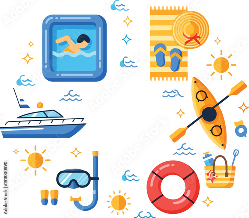 Water sport and summer beach activities icons with swimming pool kayak yacht snorkel lifebuoy and towel vector illustration set.