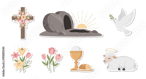 Easter Symbols Dove Cross Chalice Lamb Flowers.