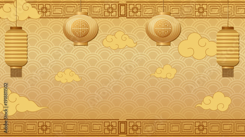 Traditional Chinese New Year Background with Golden Lanterns and Clouds