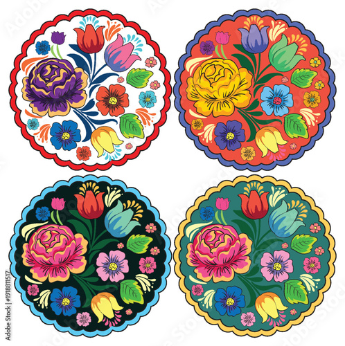Colorful Floral Folk Art Round Vector Set