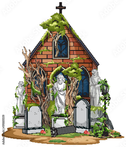 Abandoned Brick Chapel With Overgrown Cemetery Statues