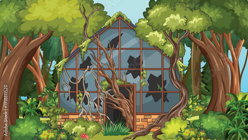 Abandoned Glass Greenhouse Overtaken by Dense Forest Vines