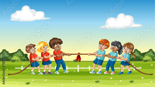 Diverse Group of Children Playing Tug of War in a Park