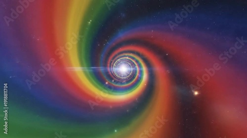 Colorful spiral tunnel through space with rainbow colors and twinkling stars, futuristic background