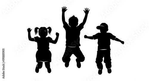 Three children jumping in the air with joy and excitement.
